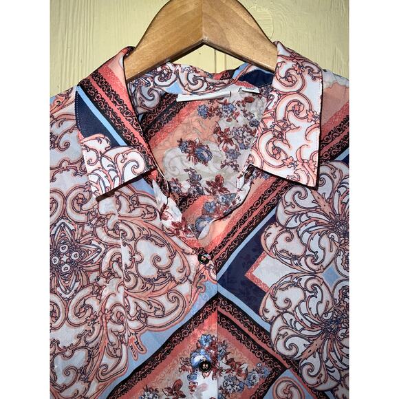 Susan Graver Medium Topper Shirt Tunic Top Vest Chiffon Peach Fuzz Printed Patch - Picture 6 of 13